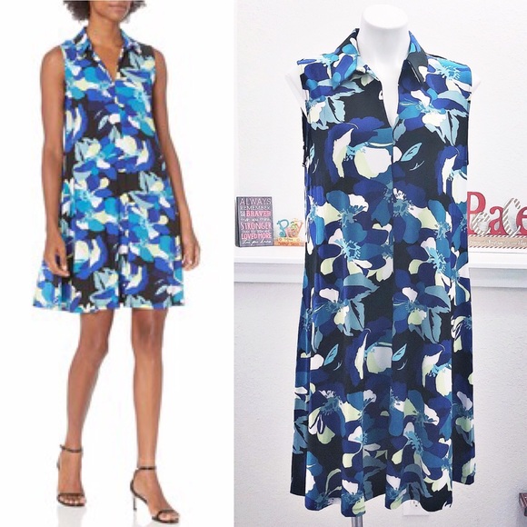 Nine West Shirt Dress Printed Trapeze Mini, Blue Black Multi Size 14 NEW - Picture 11 of 11